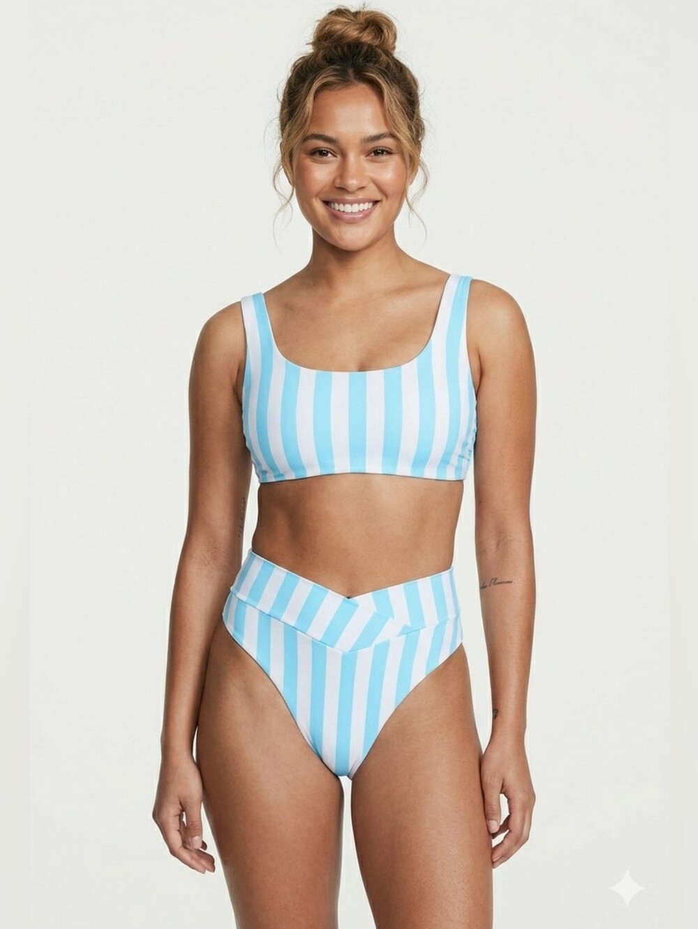 V.S. Sporty Large Coastal High Waist Cheeky Aqua Striped 2 Piece Bikini New